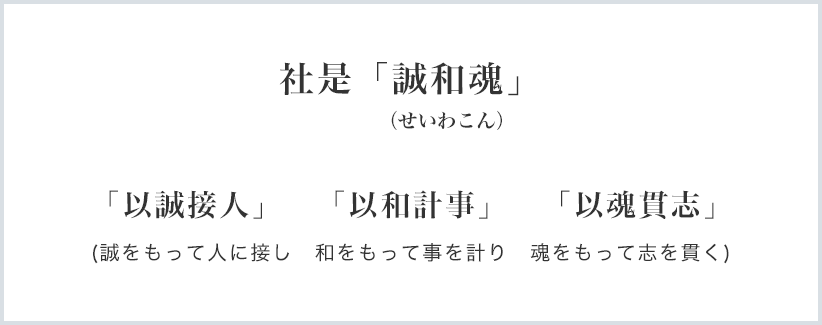 社是「誠和魂（せいわこん）」「以誠接人」誠をもって人に接し「似和計事」和をもって事を計り「以魂貫志」魂をもって志を貫く